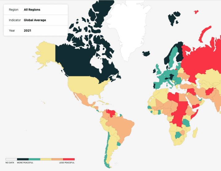 a map detailing the global peace index of the world.