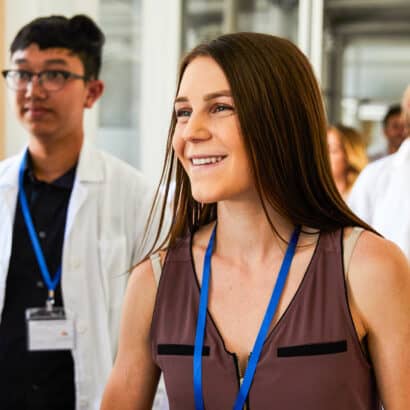 An Atlantis student walking through the hospital where she is shadowing.