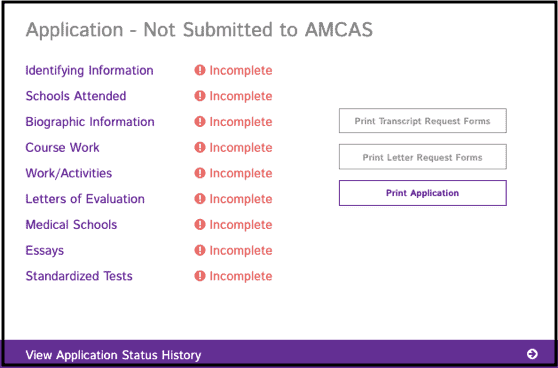 The AMCAS application showing the different sections that need to be submitted.